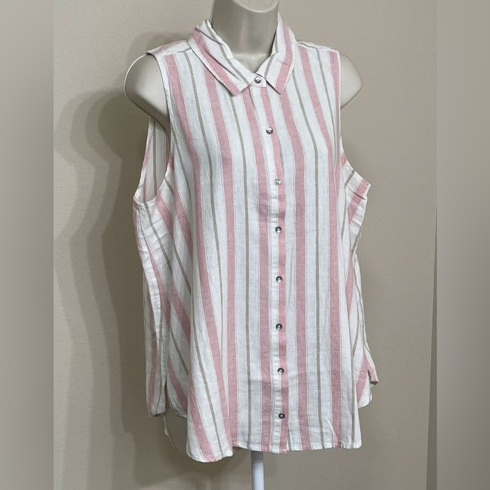 Splendid Women’s Pink Striped Sleeveless Soft Button Up Collared Linen Shirt L - Picture 2 of 9